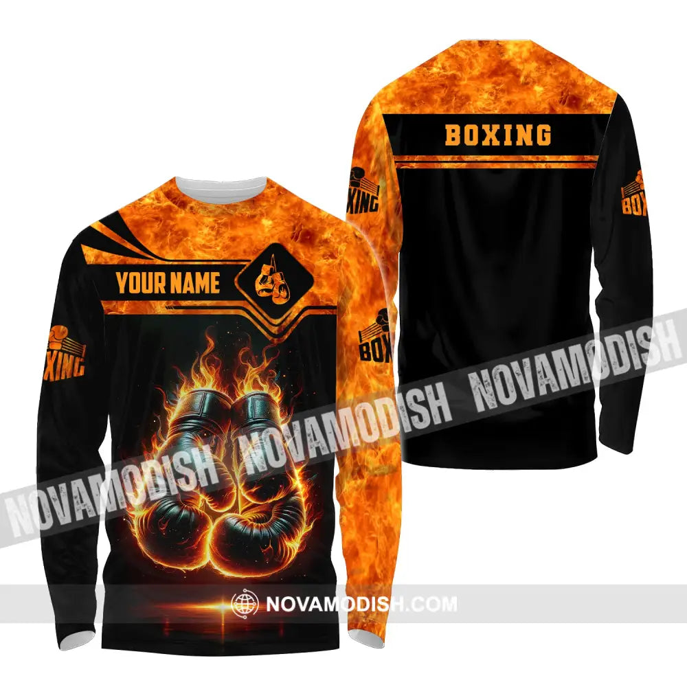 Man Shirt Custom Name Boxing Fire Polo Long Sleeve Gift For Lover / S T-Shirt