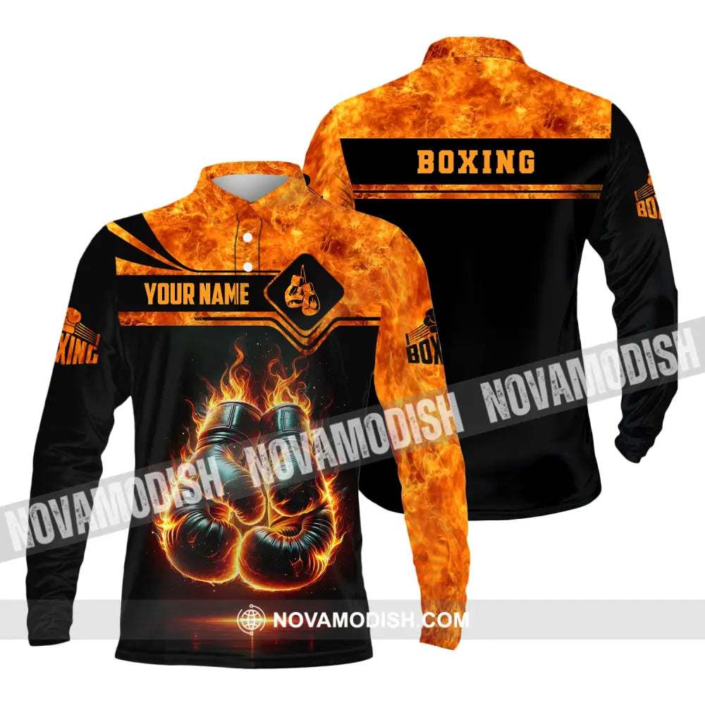 Man Shirt Custom Name Boxing Fire Polo Long Sleeve Gift For Lover / S T-Shirt