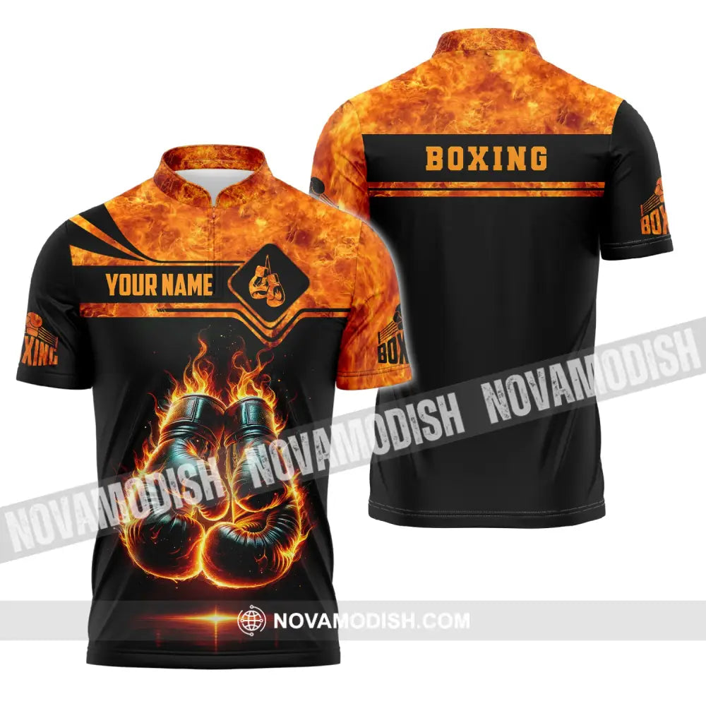 Man Shirt Custom Name Boxing Fire Polo Long Sleeve Gift For Lover Zipper / S T-Shirt