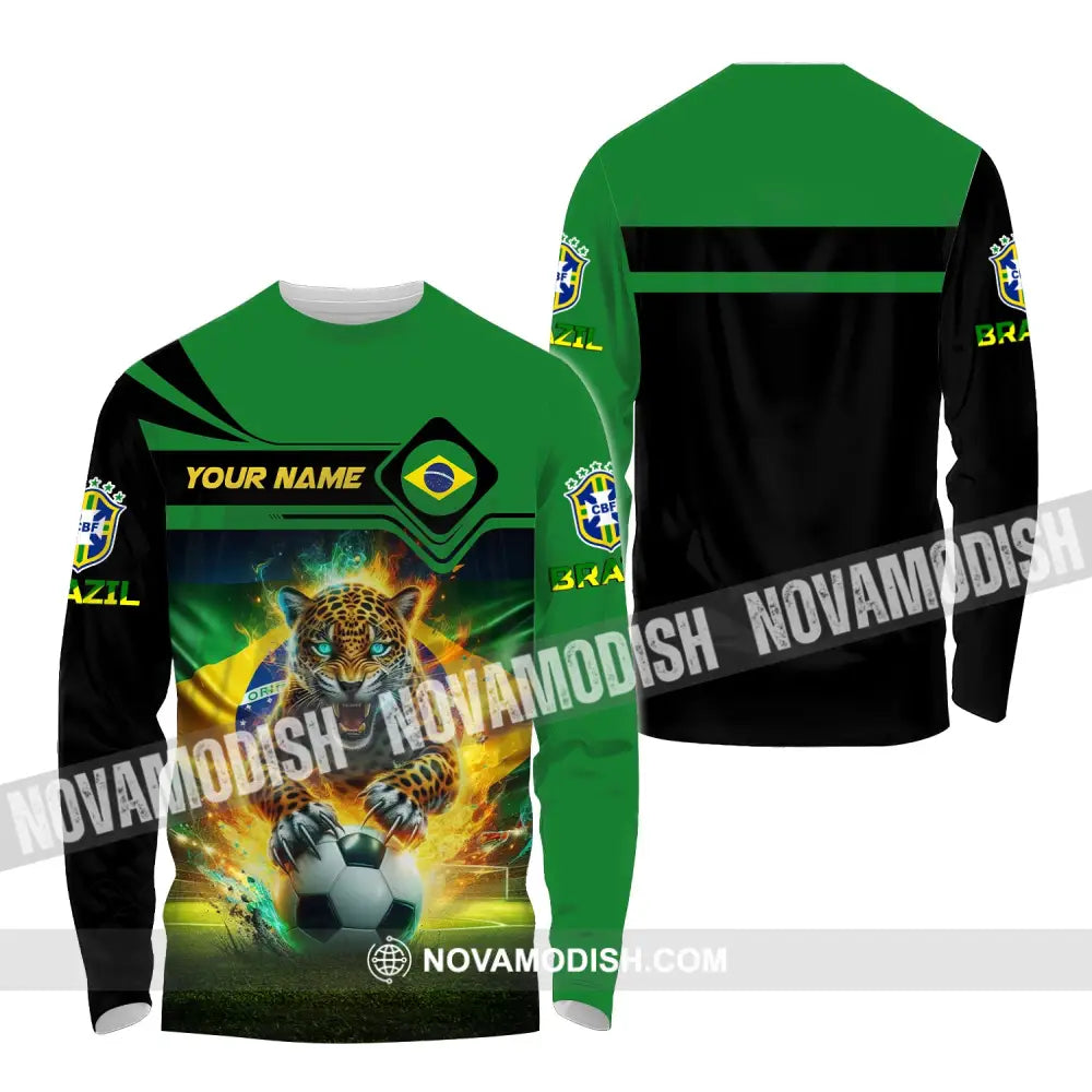 Man Shirt Custom Name Brazil Football Soccer T-Shirt Gift For Lover Long Sleeve / S