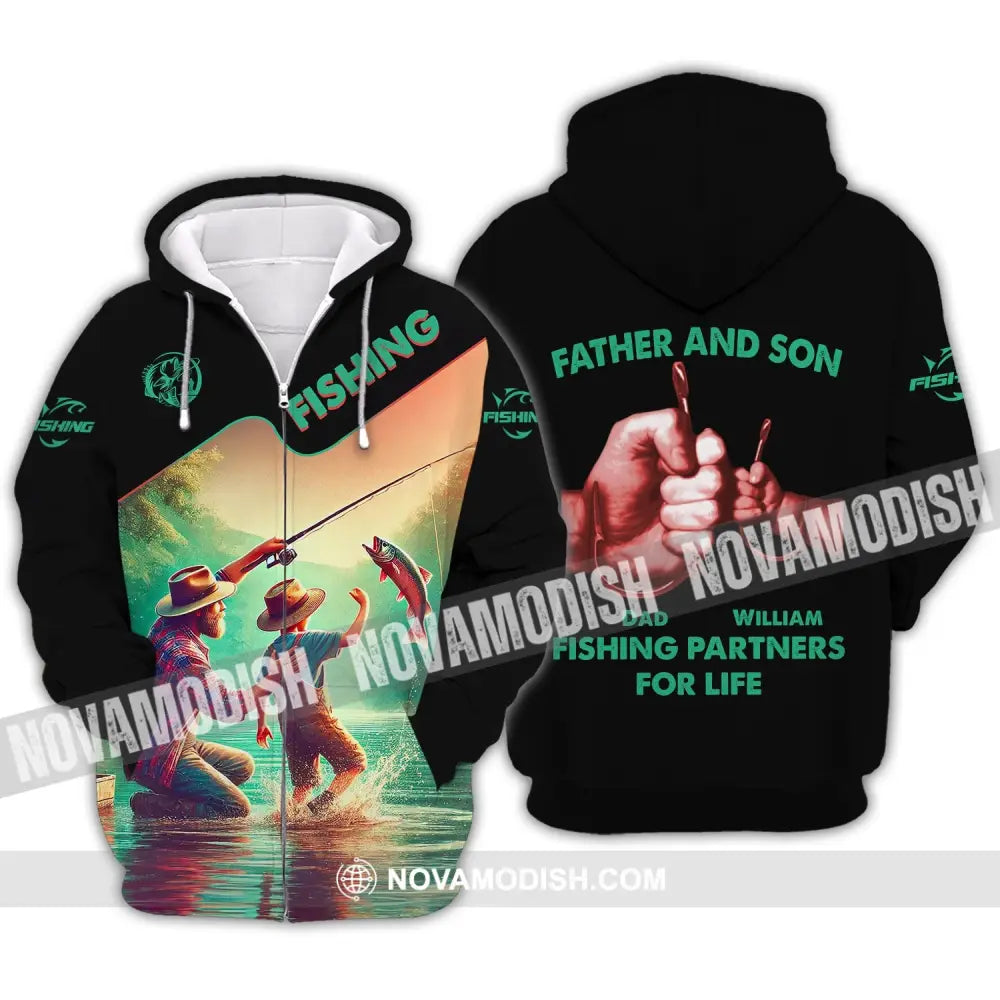 Man Shirt Custom Name Fishing Father And Son Partner Zipper Hoodie / S T-Shirt