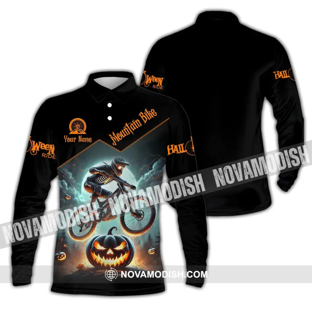 Man Shirt Custom Name Halloween Mountain Bike Lover T-Shirt Long Sleeve Polo / S T-Shirt