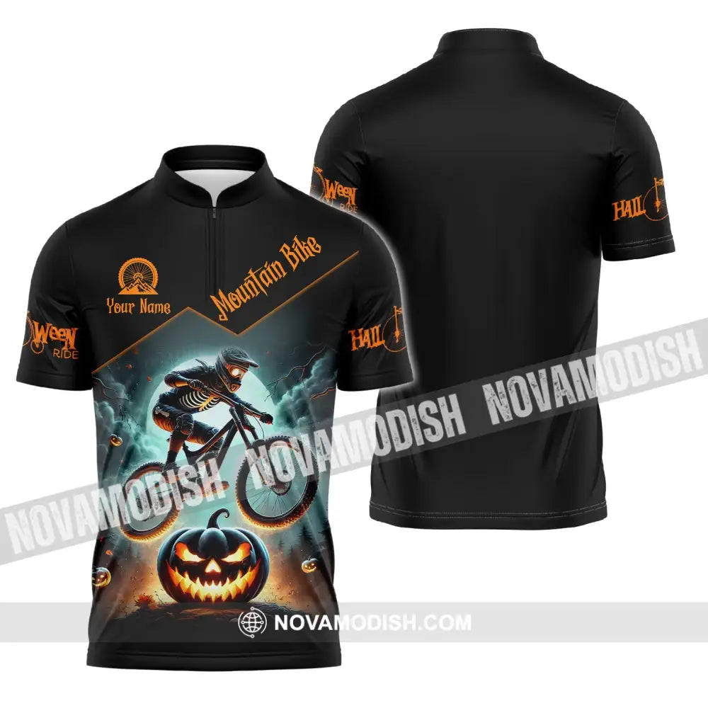 Man Shirt Custom Name Halloween Mountain Bike Lover T-Shirt Zipper Polo / S T-Shirt