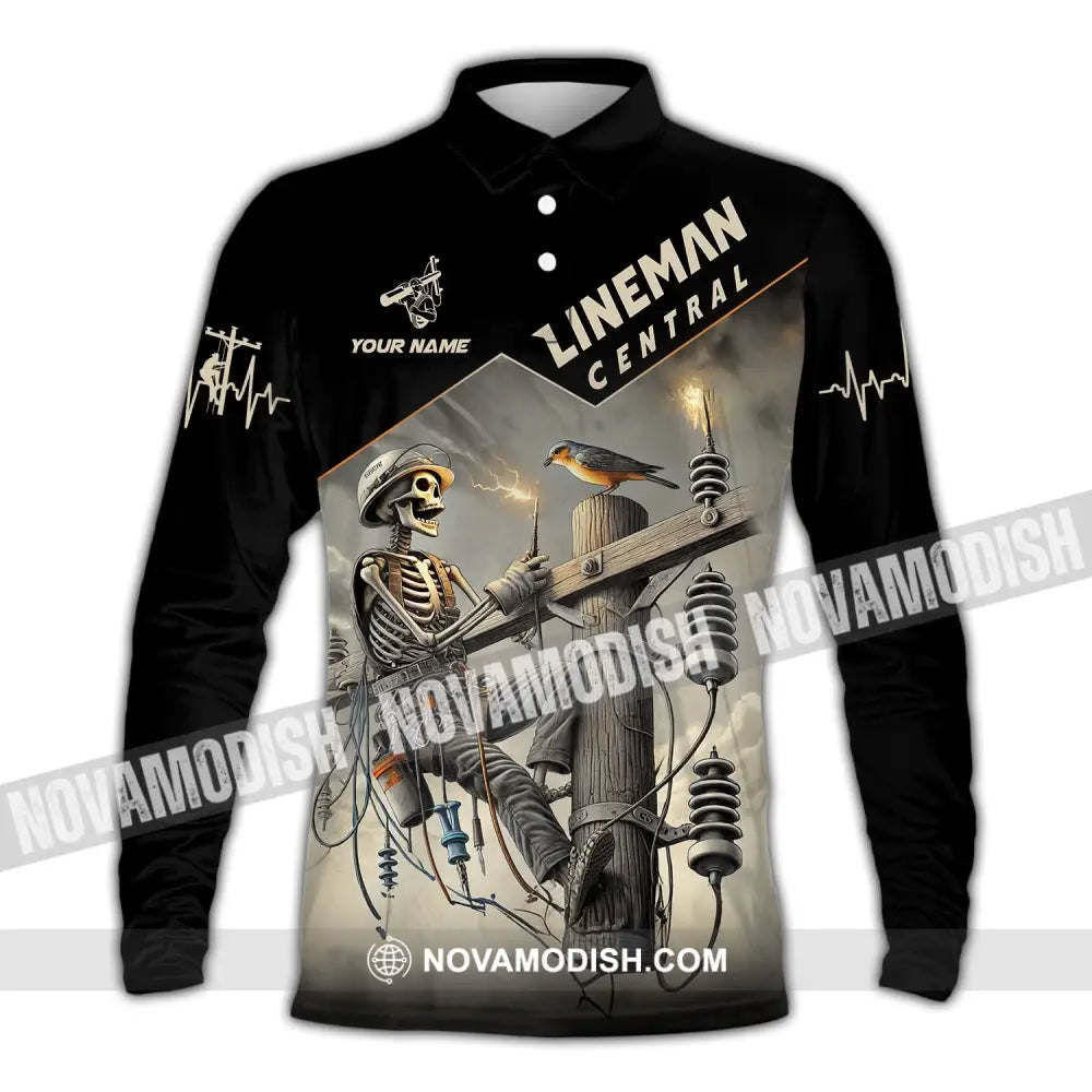 Man Shirt Custom Name Lineman Central Hoodie Polo Long Sleeve / S T-Shirt