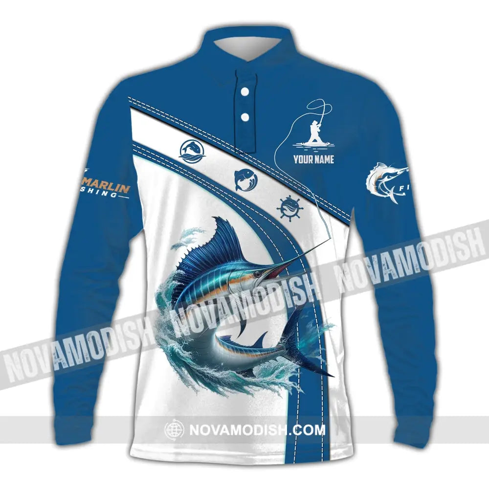 Man Shirt Custom Name Marlin Fishing Lover Hoodie Polo Long Sleeve / S T-Shirt