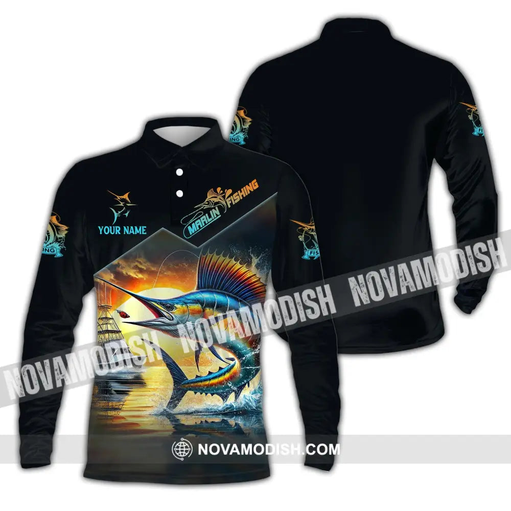 Man Shirt Custom Name Marlin Fishing Lover Hoodie Polo Long Sleeve / S T-Shirt