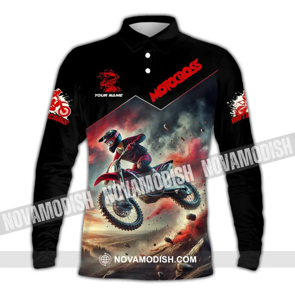 Man Shirt Custom Name Moto Cross Love Gift Long Sleeve Polo / S T-Shirt