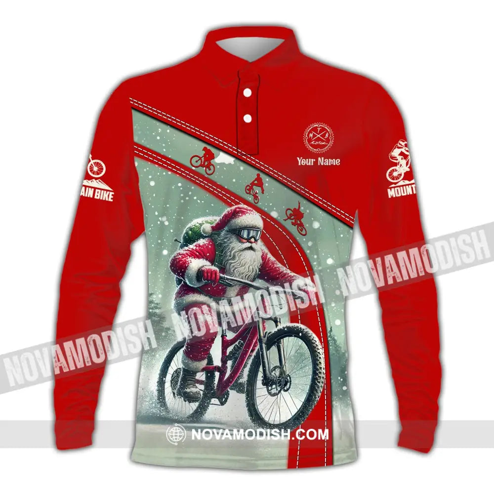 Man Shirt Custom Name Mountain Bike Lover T-Shirt Christmas Gift Long Sleeve Polo / S T-Shirt