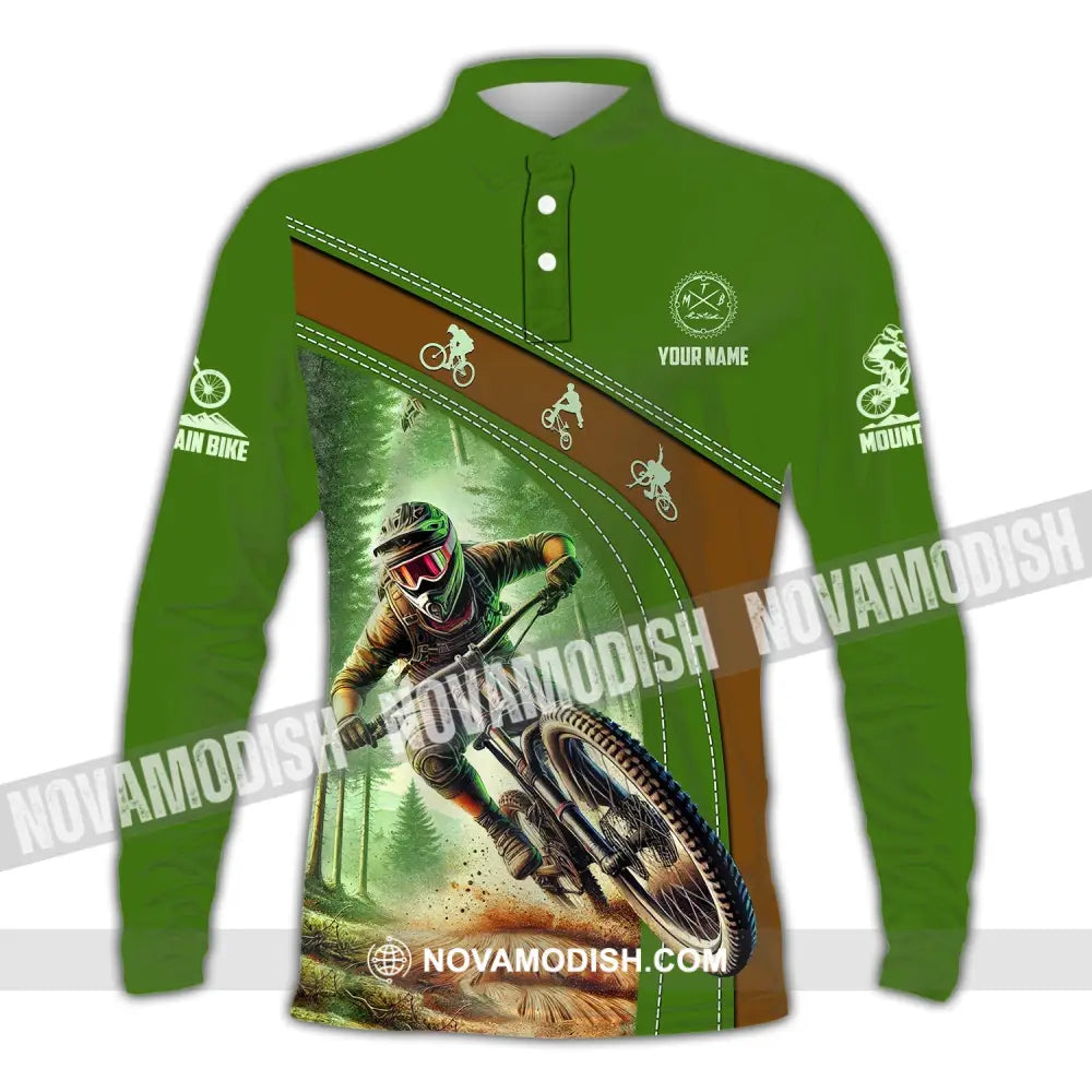 Man Shirt Custom Name Mountain Bike Shirt Mountain Bike Polo Long Sleeve Mountain Bike Gift Long Sleeve Polo / S T-shirt