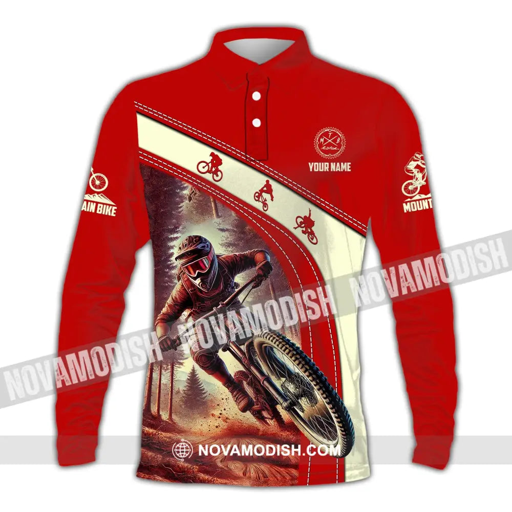 Man Shirt Custom Name Mountain Bike Shirt Mountain Bike Polo Long Sleeve Mountain Bike Gift Long Sleeve Polo / S T-shirt