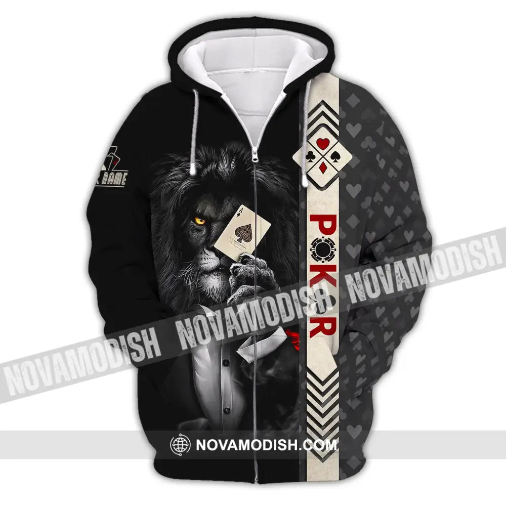 Man Shirt Custom Name Poker T-Shirt Lion Casino Gift Zipper Hoodie / S