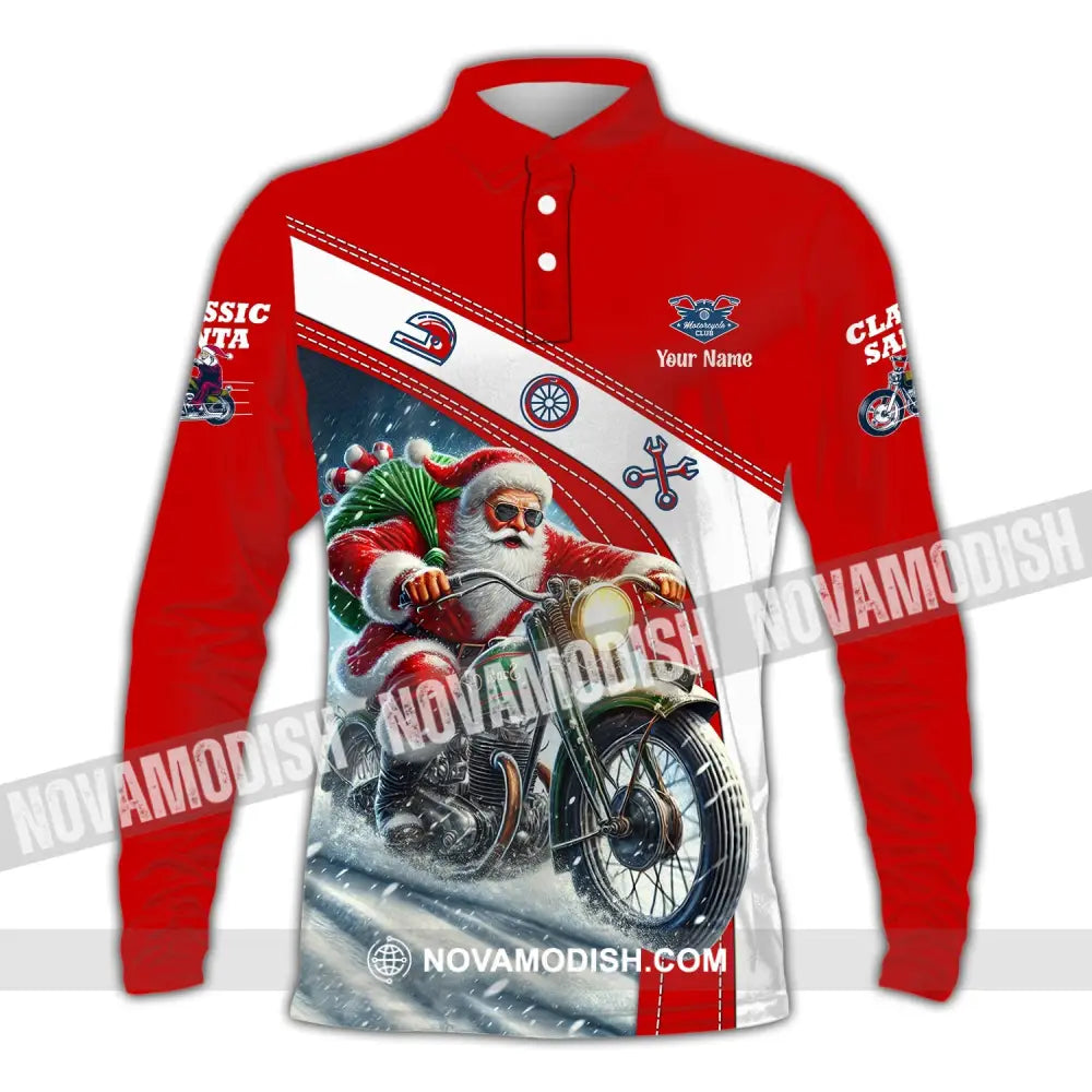 Man Shirt Custom Name Santa Classic Bike Motorcycle T-Shirt Hoodie Long Sleeve Christmas Gift Polo