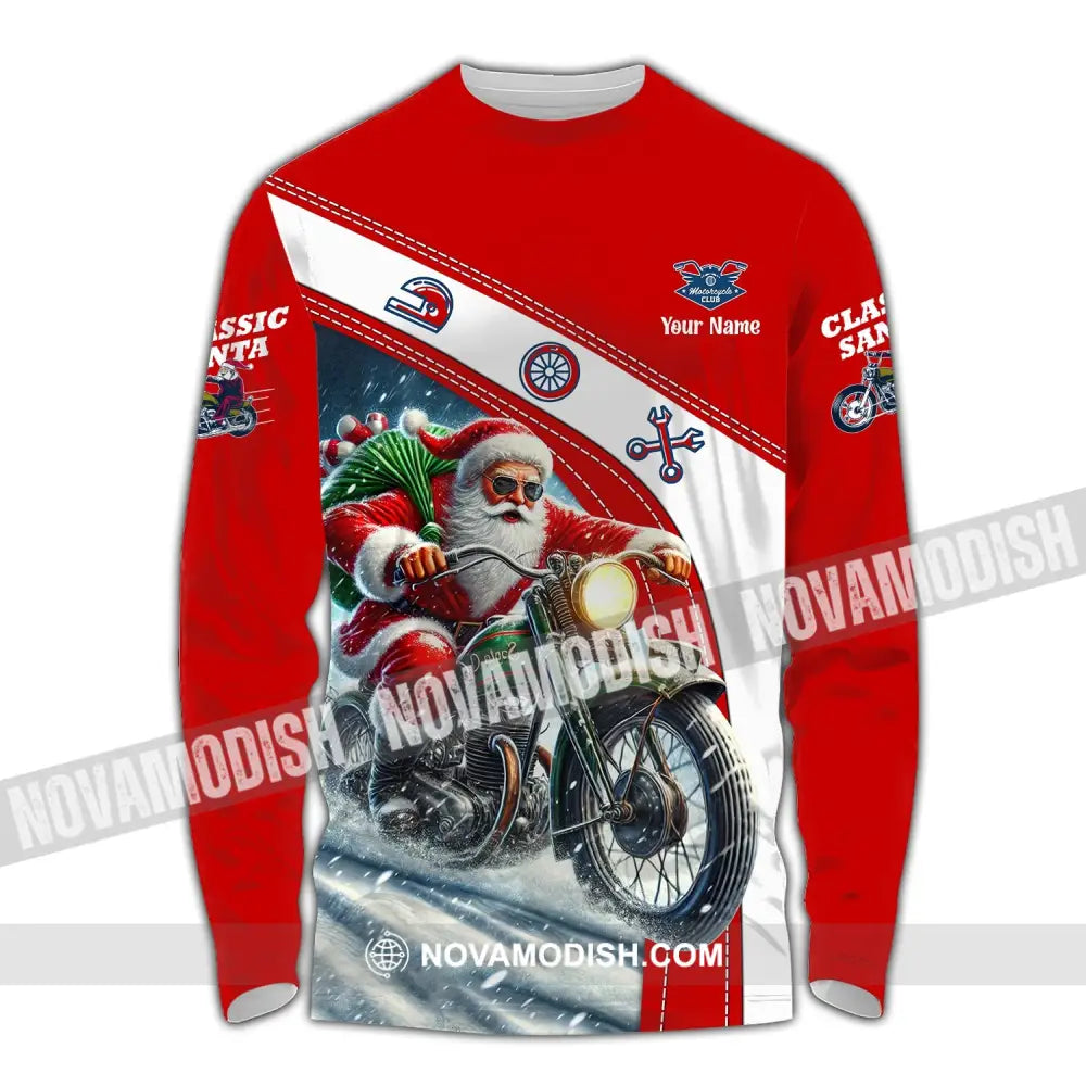 Man Shirt Custom Name Santa Classic Bike Motorcycle T-Shirt Hoodie Long Sleeve Christmas Gift / S