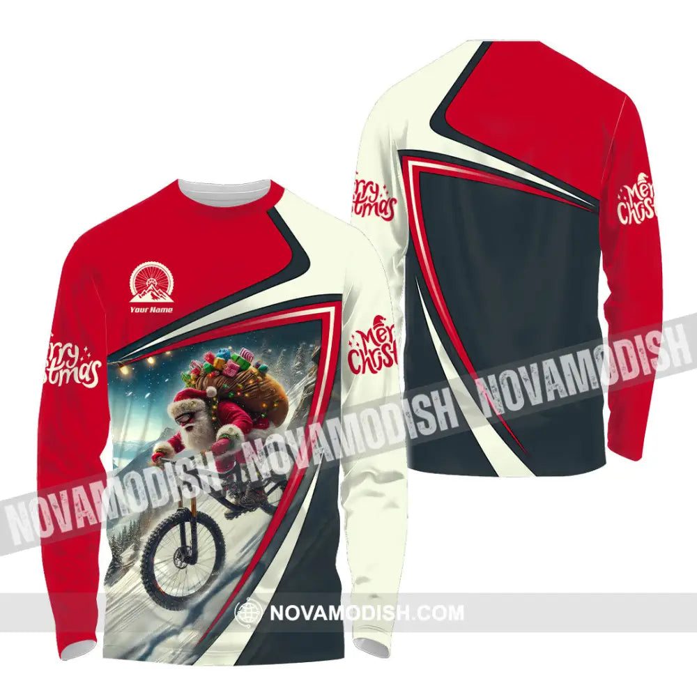 Man Shirt Custom Name Santa Mountain Biker Bike Lover Hoodie Polo Long Sleeve / S T-Shirt