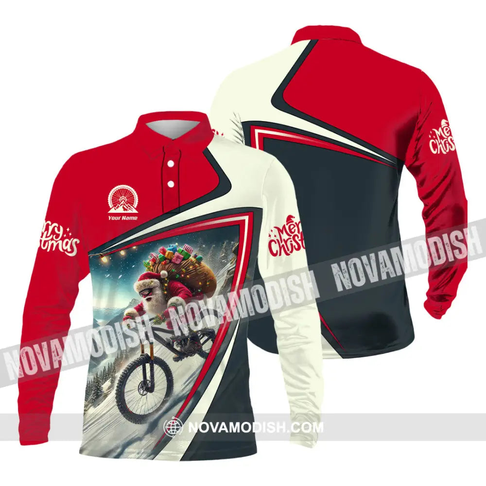 Man Shirt Custom Name Santa Mountain Biker Bike Lover Hoodie Polo Long Sleeve / S T-Shirt