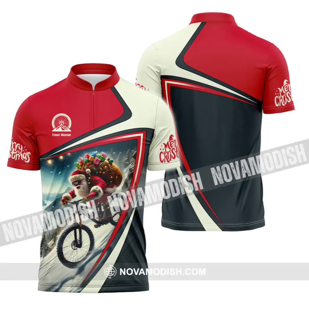 Man Shirt Custom Name Santa Mountain Biker Bike Lover Hoodie Polo Long Sleeve Zipper / S T-Shirt