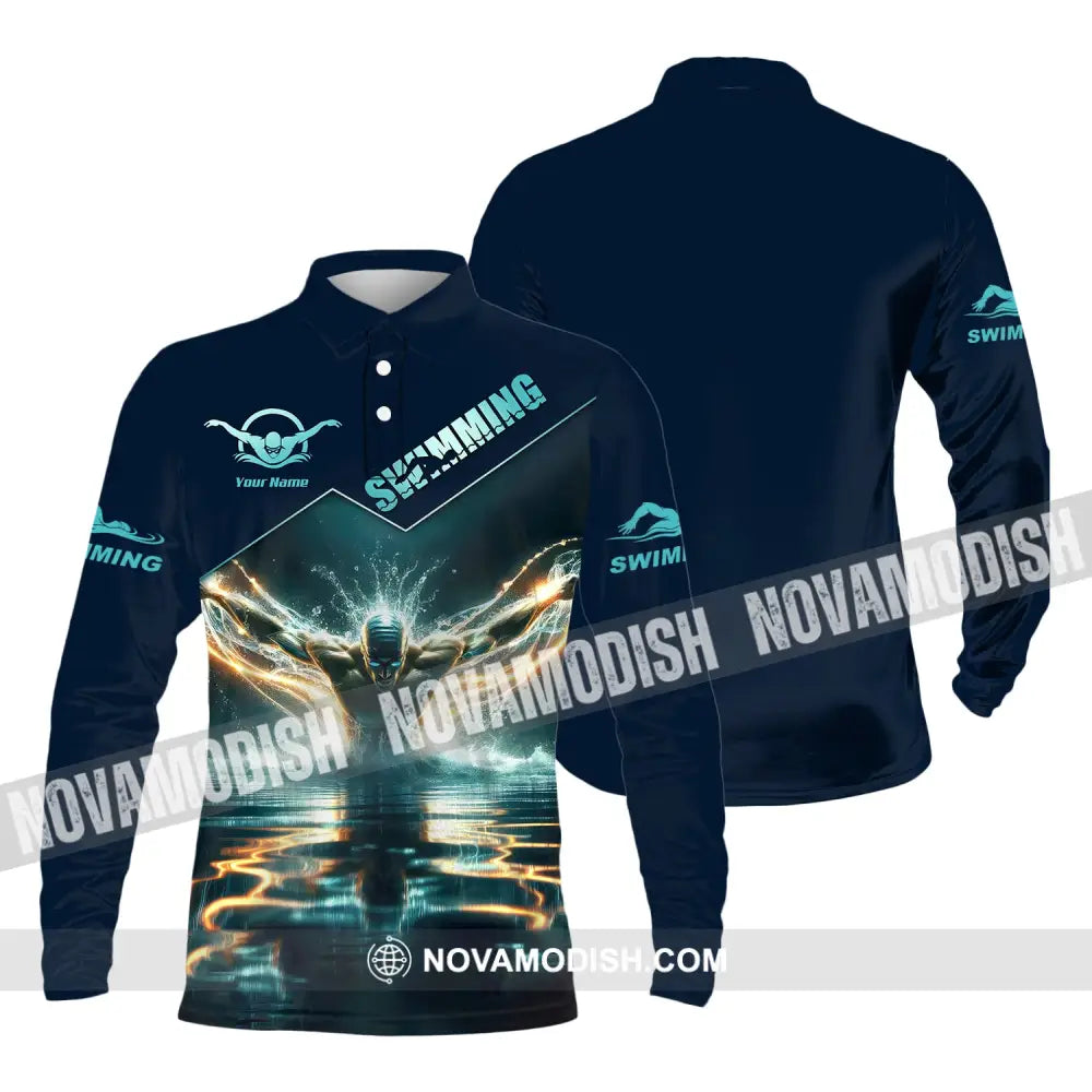 Man Shirt Custom Name Swimming For Swimmers Long Sleeve Polo / S T-Shirt
