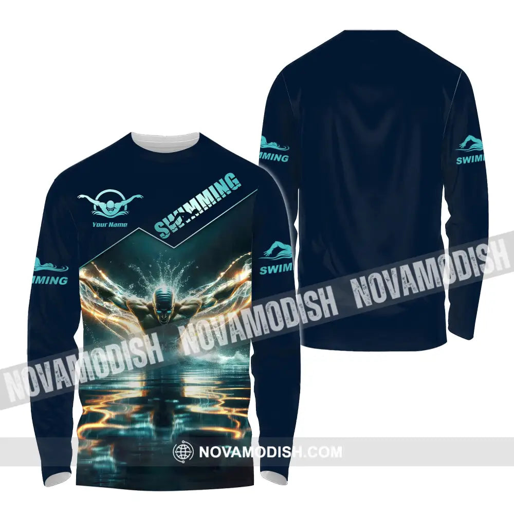 Man Shirt Custom Name Swimming For Swimmers Long Sleeve / S T-Shirt