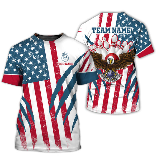 Unisex Shirt, Custom Name and Team Name Bowling Polo Shirt, America Flag Bowling T-Shirt, Bowling Hoodie Long Sleeve Shirt