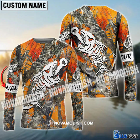 Orange Camo Fish Hook Skull Custom Name Long Sleeve Fishing Sleeves 31.05