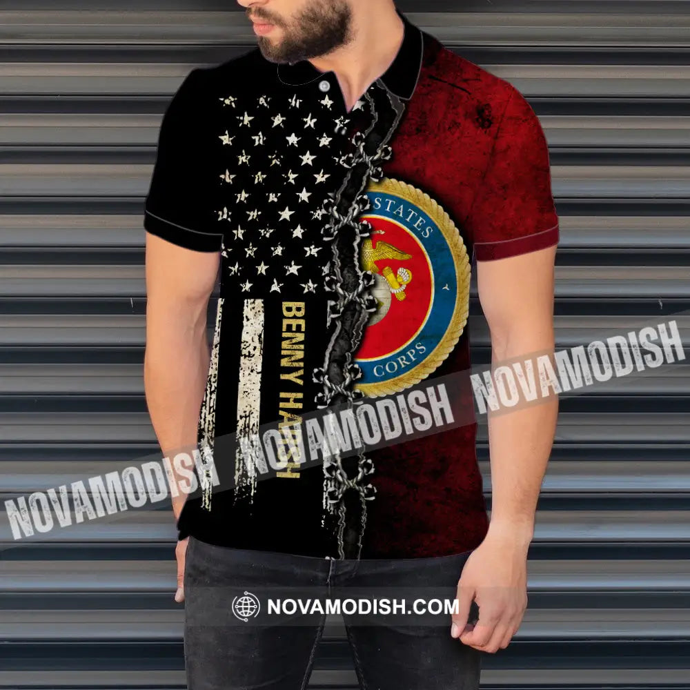 Personalized Half Flag Marine Coprs Veteran 3D Polo Shirt Gift For Veterans Apparel