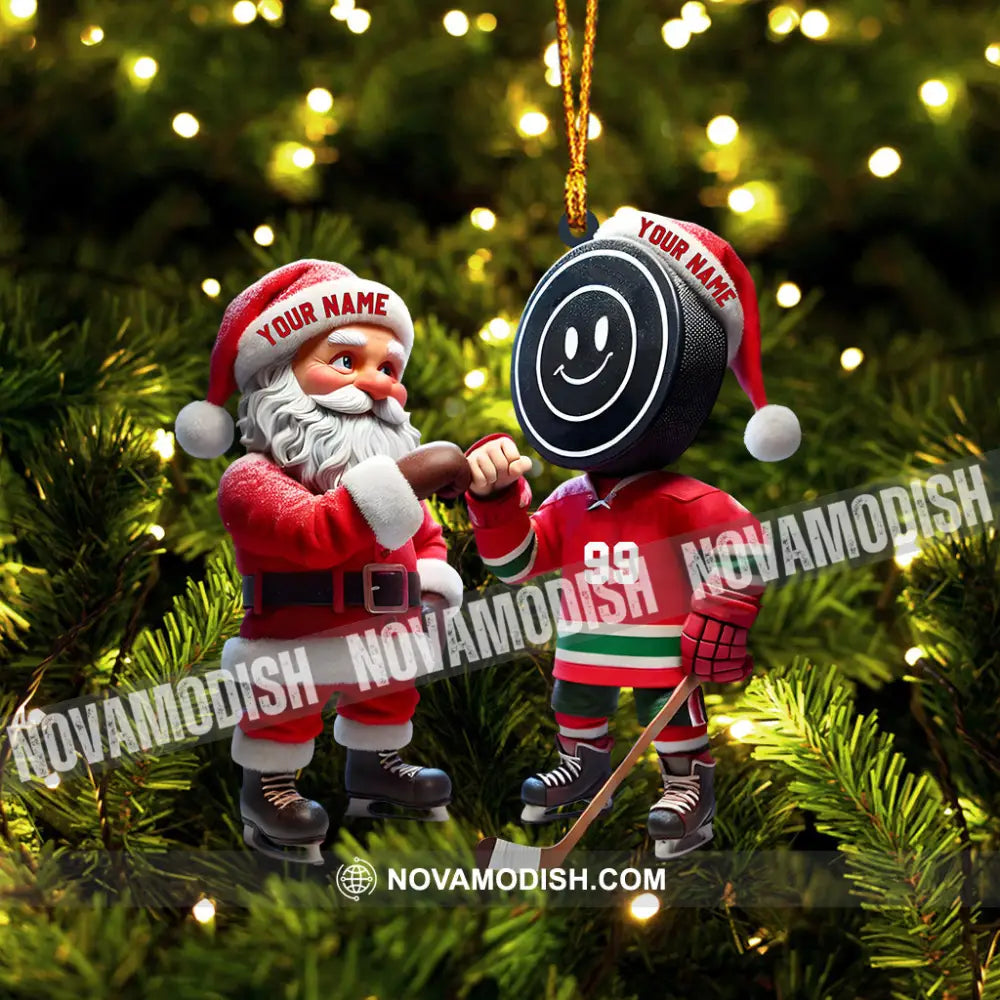 Santa And The Hockey Player Christmas Ornament Personalized