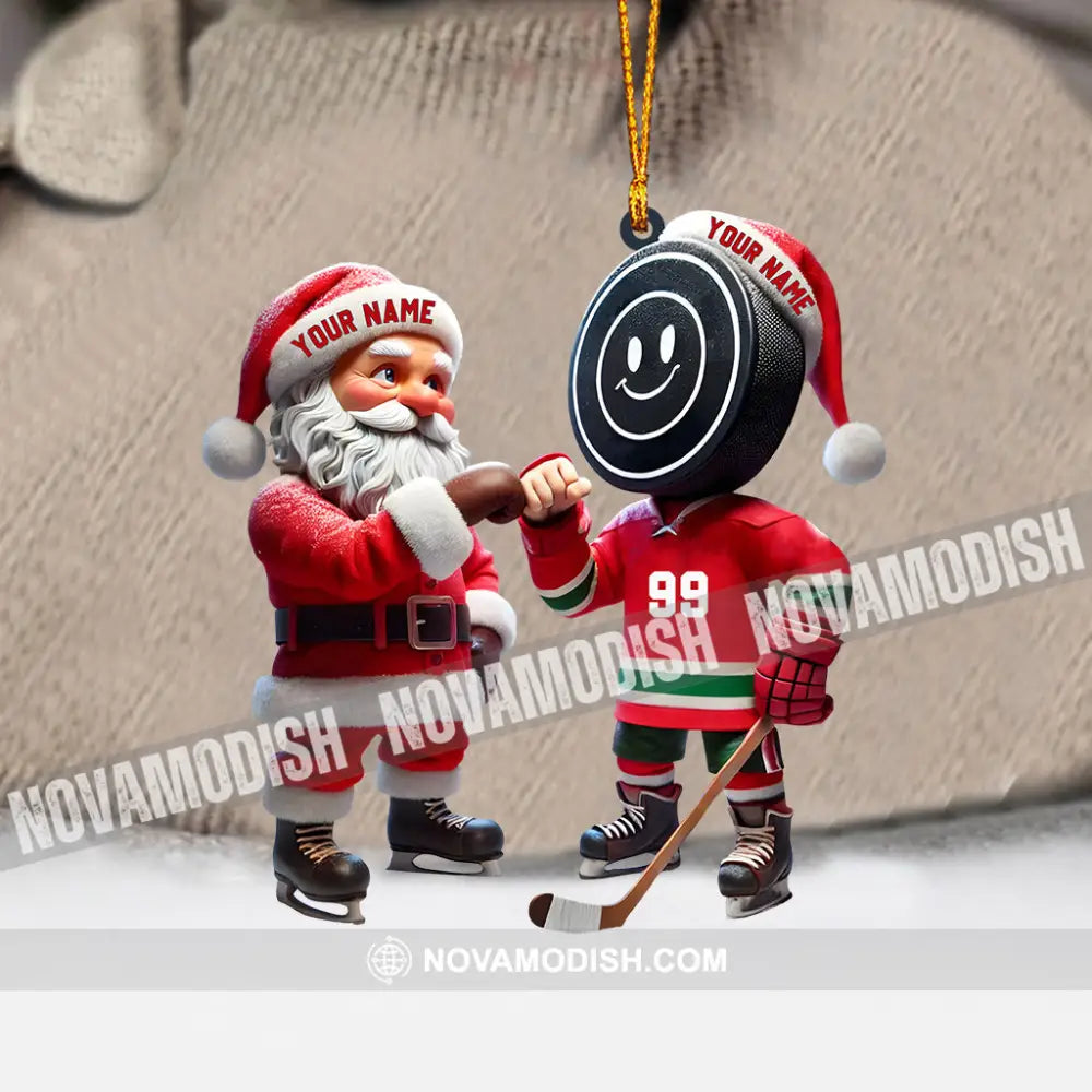 Santa And The Hockey Player Christmas Ornament Personalized