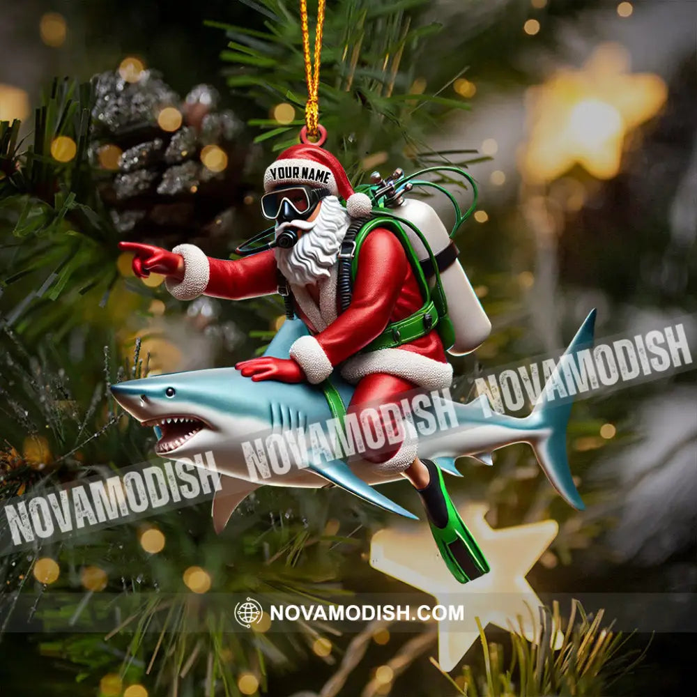 Santa Diver Riding Shark Christmas Ornament Personalized