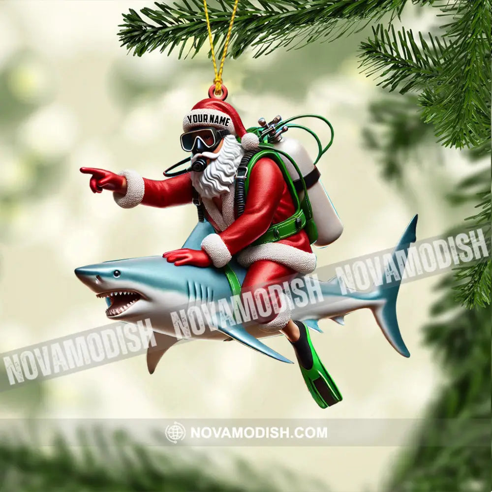 Santa Diver Riding Shark Christmas Ornament Personalized