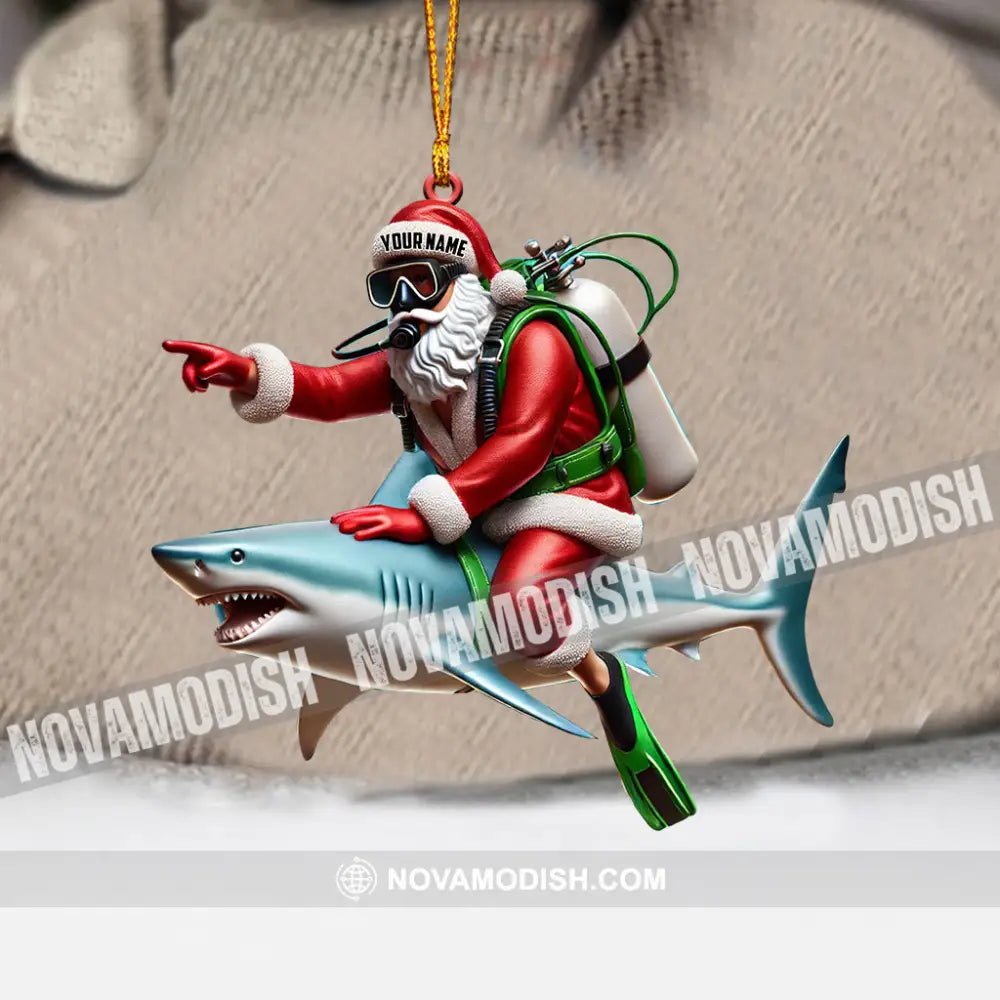 Santa Diver Riding Shark Christmas Ornament Personalized