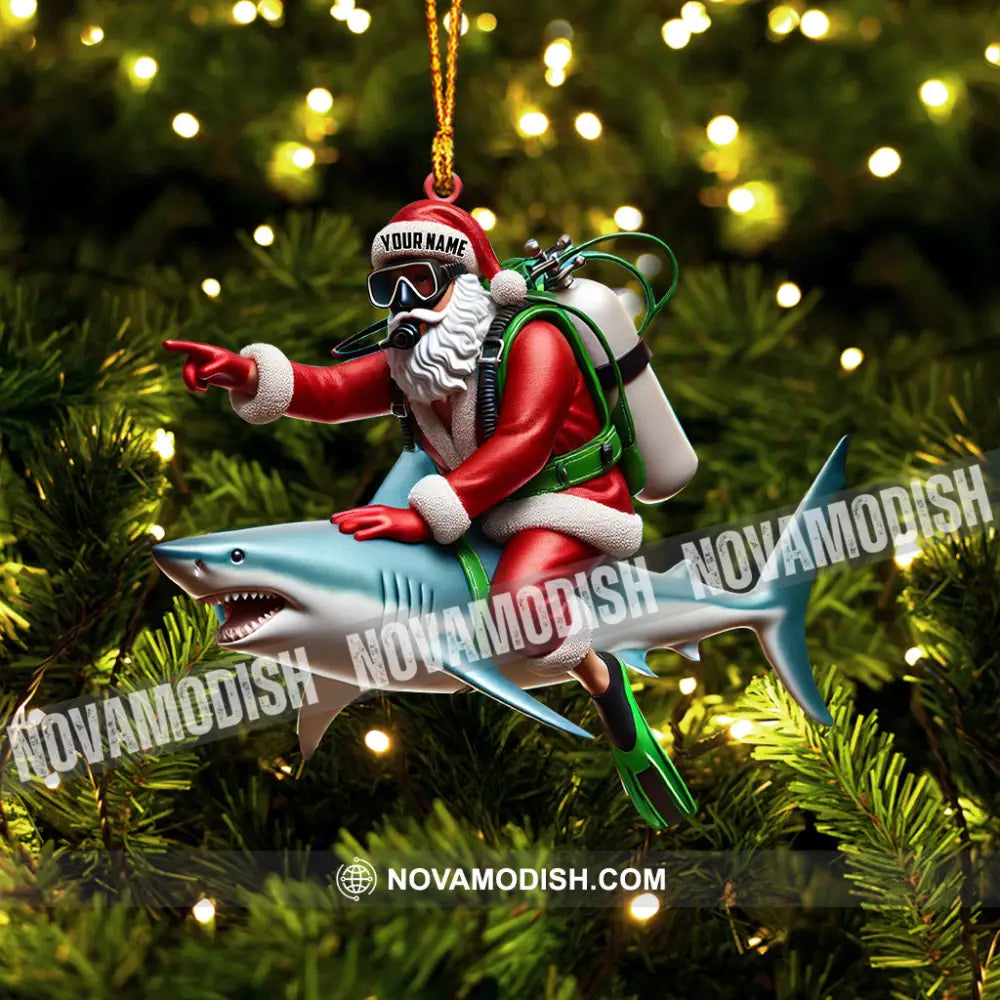 Santa Diver Riding Shark Christmas Ornament Personalized