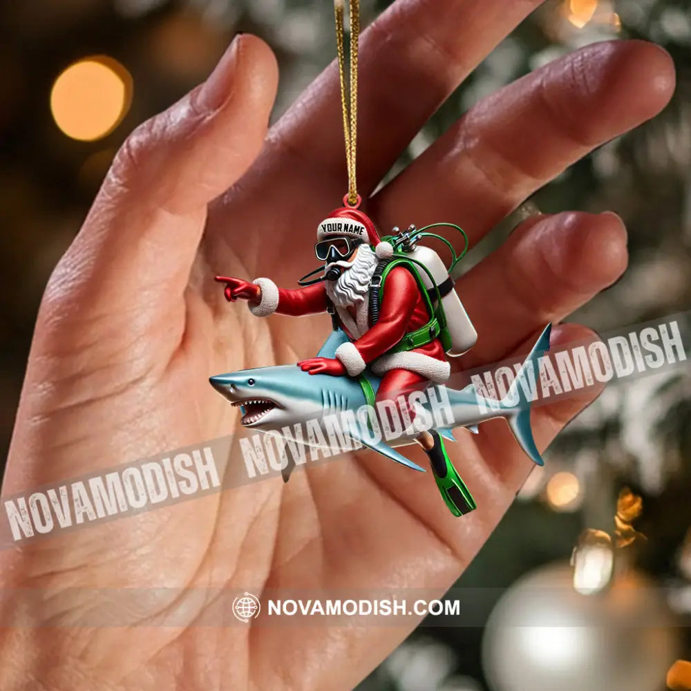 Santa Diver Riding Shark Christmas Ornament Personalized