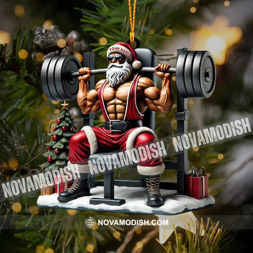 Santa Muscle Weightlifting Christmas Ornament Personalized