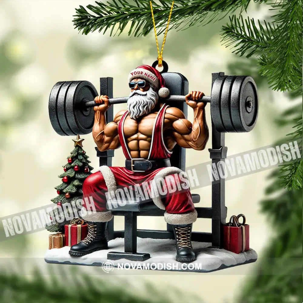 Santa Muscle Weightlifting Christmas Ornament Personalized