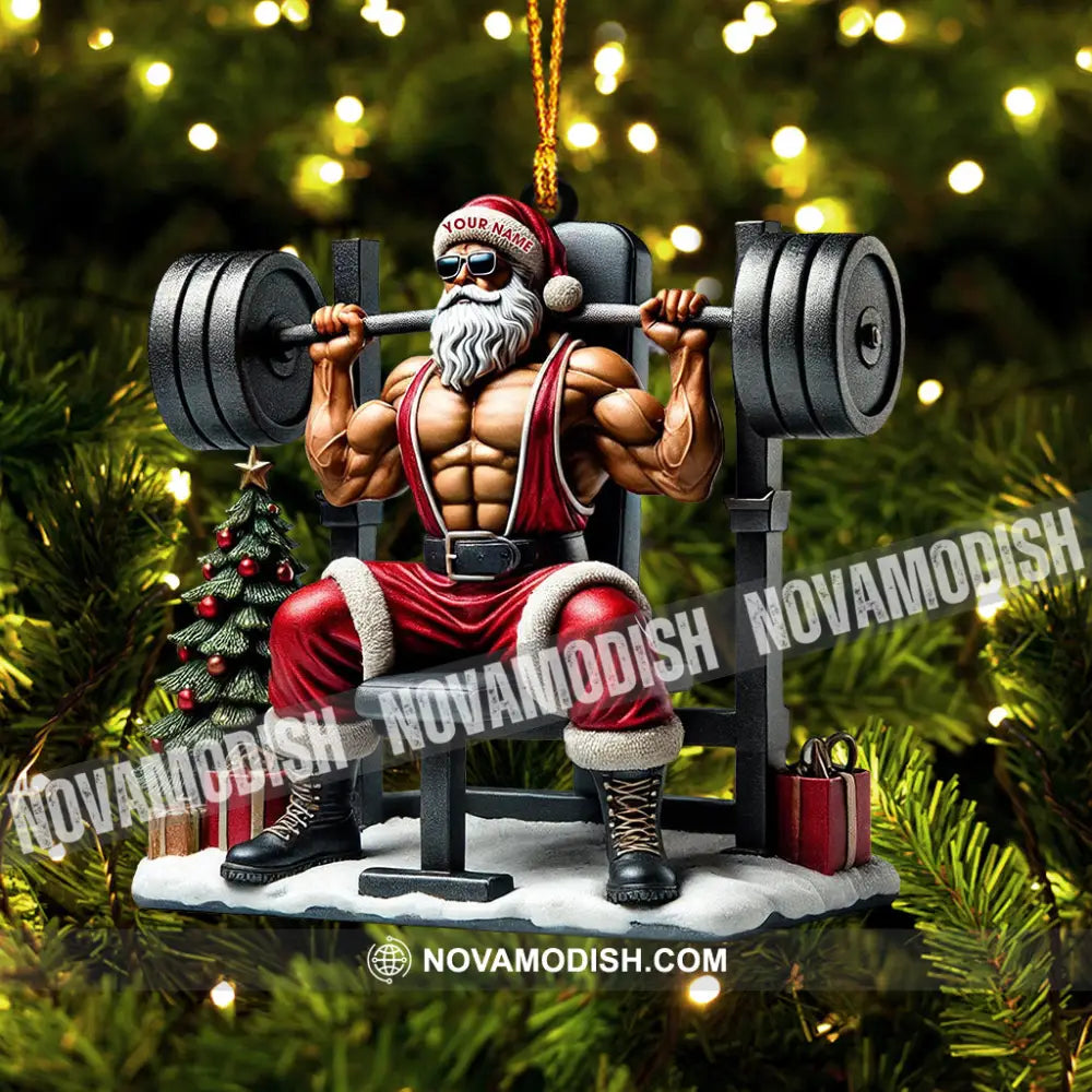 Santa Muscle Weightlifting Christmas Ornament Personalized