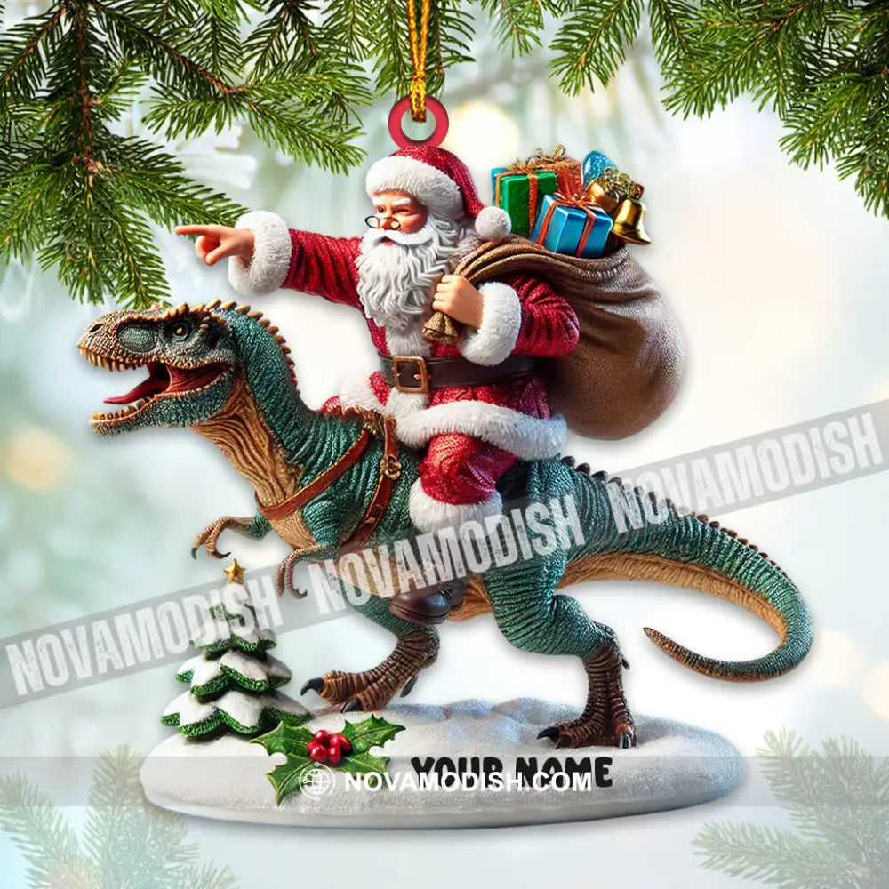 Santa Riding A Dinosaur Christmas Ornament Personalized