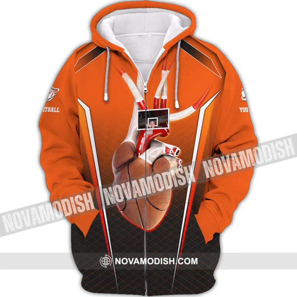 Unisex Shirt Basketball Custom Name T-Shirt Heart Gift For Player Zipper Hoodie / S