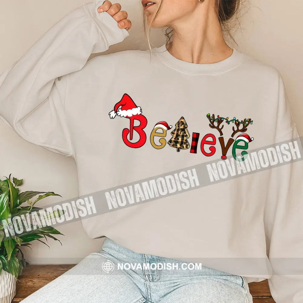 Unisex Shirt Believe Christmas Long Sleeve Sweater Gift For / Beige S T-Shirt