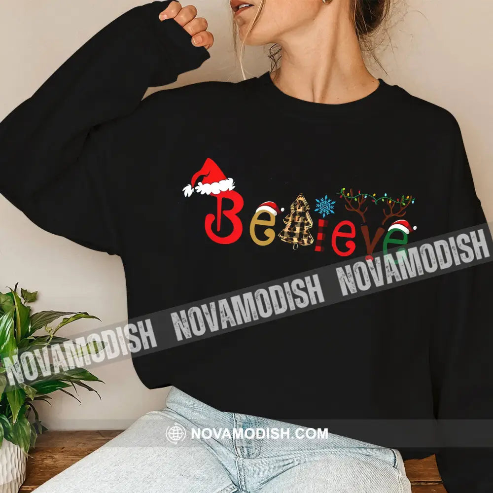 Unisex Shirt Believe Christmas Long Sleeve Sweater Gift For / Black S T-Shirt