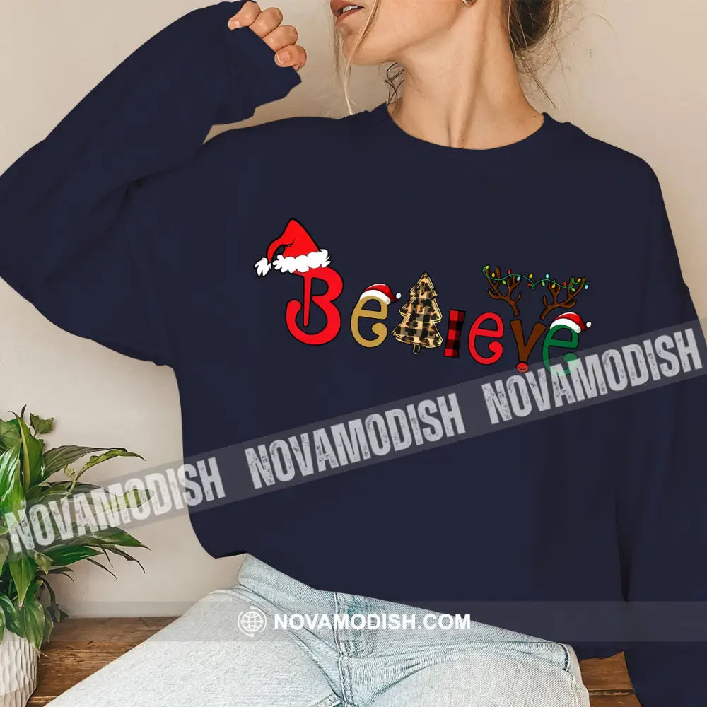 Unisex Shirt Believe Christmas Long Sleeve Sweater Gift For / Dark Blue S T-Shirt