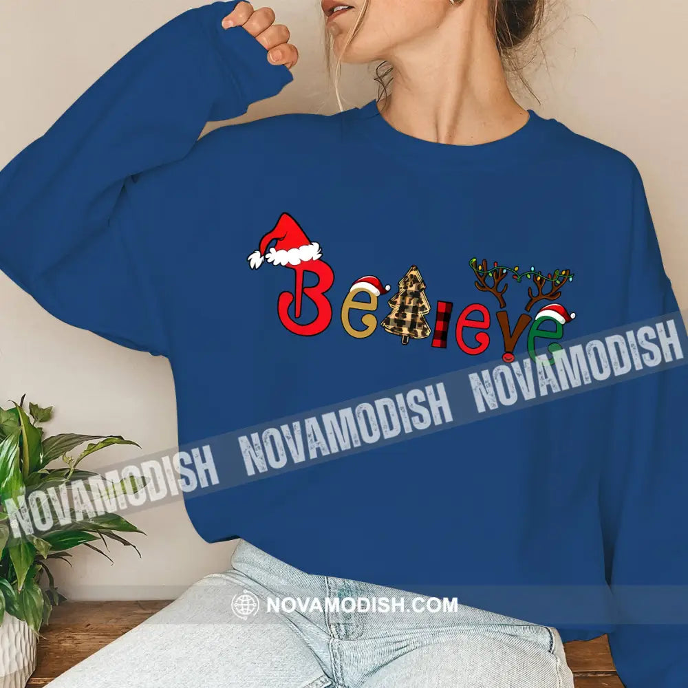 Unisex Shirt Believe Christmas Long Sleeve Sweater Gift For / Navy Blue S T-Shirt