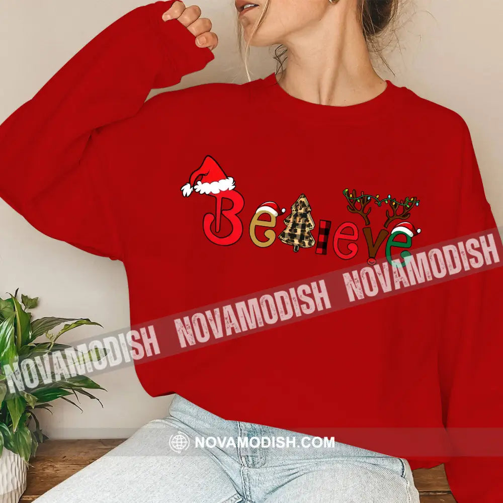 Unisex Shirt Believe Christmas Long Sleeve Sweater Gift For / Red S T-Shirt