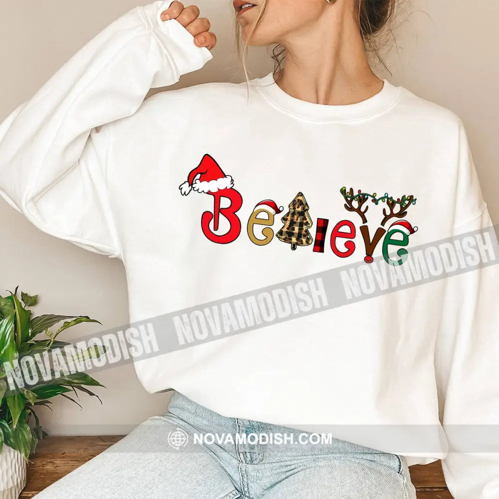 Unisex Shirt Believe Christmas Long Sleeve Sweater Gift For / White S T-Shirt