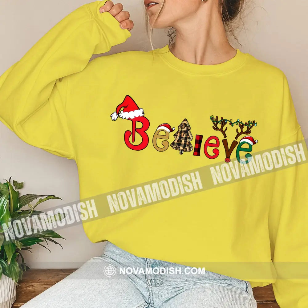 Unisex Shirt Believe Christmas Long Sleeve Sweater Gift For / Yellow S T-Shirt