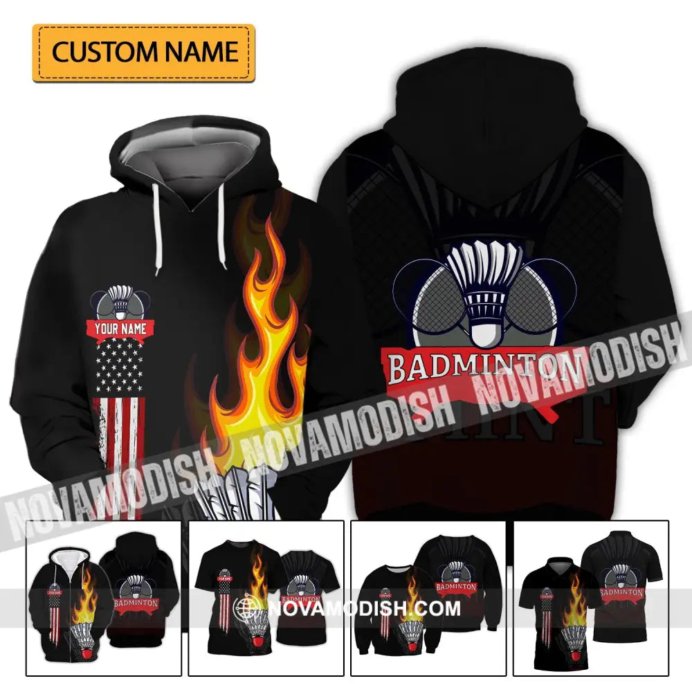 Unisex Shirt - Custom Badminton Name T-Shirt - Fire Badminton Clothing T-shirt