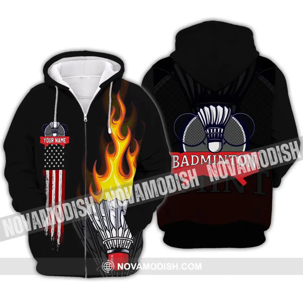 Unisex Shirt - Custom Badminton Name T-Shirt - Fire Badminton Clothing Zipper Hoodie / S T-shirt