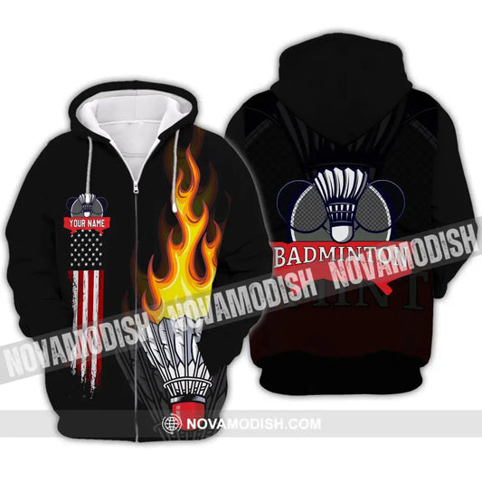 Unisex Shirt - Custom Badminton Name T-Shirt - Fire Badminton Clothing Zipper Hoodie / S T-shirt