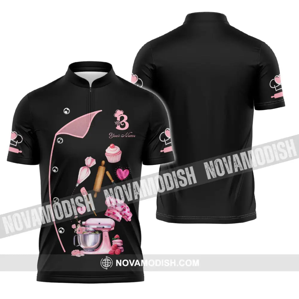 Unisex Shirt - Custom Bakery Black & Pink Cute Shirt Zipper Polo Shirt / S T-shirt