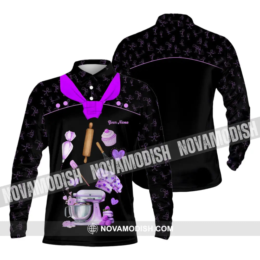 Unisex Shirt - Custom Bakery Black & Purple Cute Shirt Long Sleeve Polo / S T-shirt