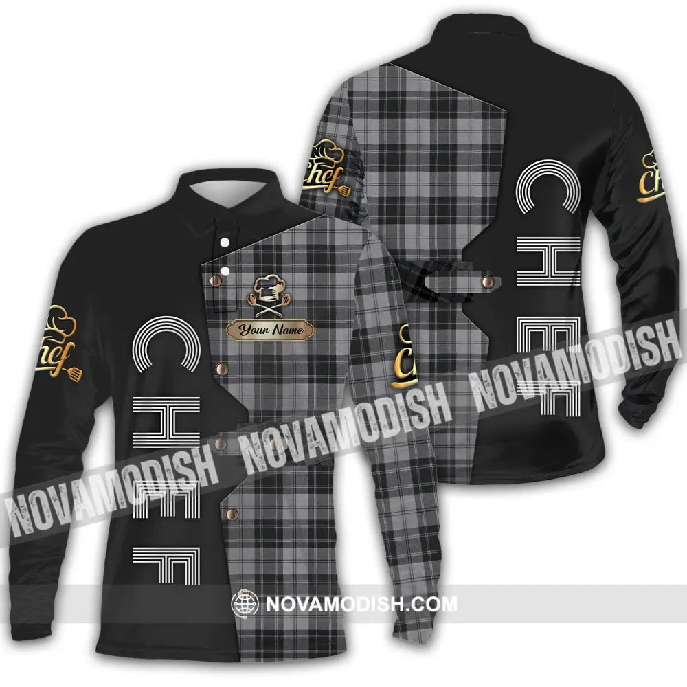 Unisex Shirt - Custom Chef Name Shirt Black And Caro Long Sleeve Polo / S T-shirt